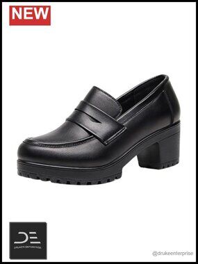 Women's Slip On Chunky Block High Heel Pumps Leather Comfort